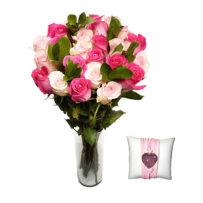 Forever Pink Rose Bouquet with Handmade Pink Heart Bracelet Online (24 stems)