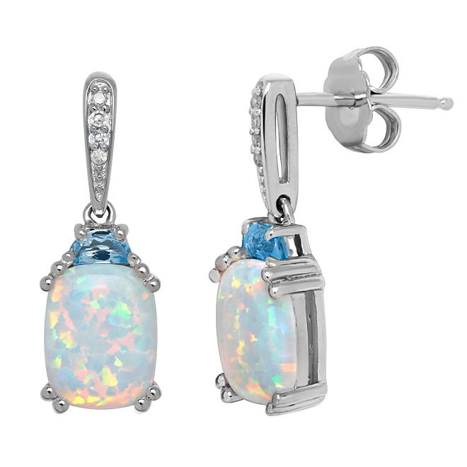 9/7 mm Opal with Blue Topaz and Diamond Accent Earrings in Sterling Silver
