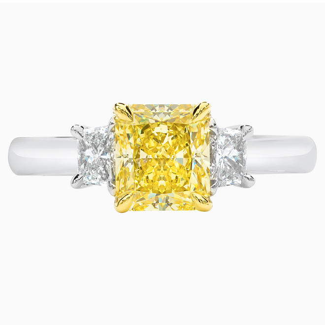 1.90 CT. T.W. Fancy Intense Yellow Radiant-Cut 3-Stone Diamond Ring with Trapezoids in Platinum