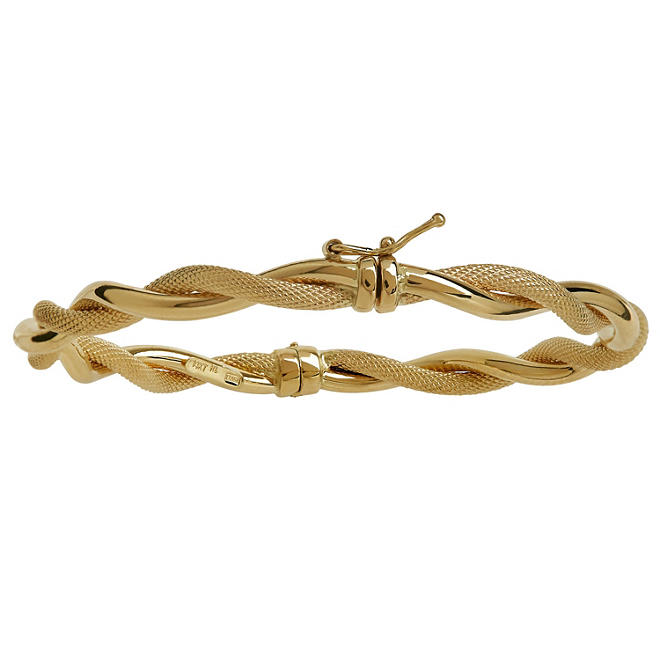 Italian Gold Twisted Polished & Textured Bangle in 14K Yellow Gold