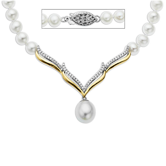 Freshwater Pearl Necklace with 0.20 ct. t.w. Diamonds in Sterling Silver and 14k Yellow Gold (H-I, I1)