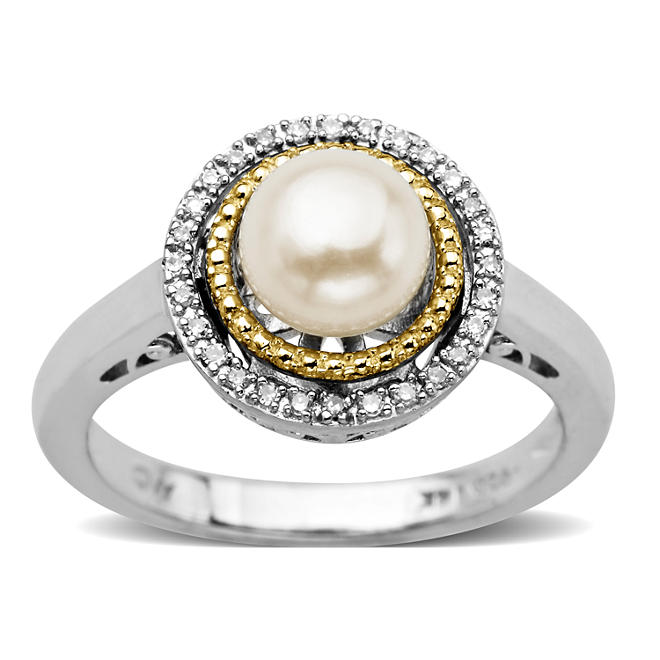 Freshwater Pearl and Diamond Accent Birthstone Ring in Sterling Silver and 14k Yellow Gold 