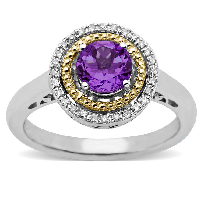 Amethyst and Diamond Accent Birthstone Ring in Sterling Silver and 14k Yellow Gold