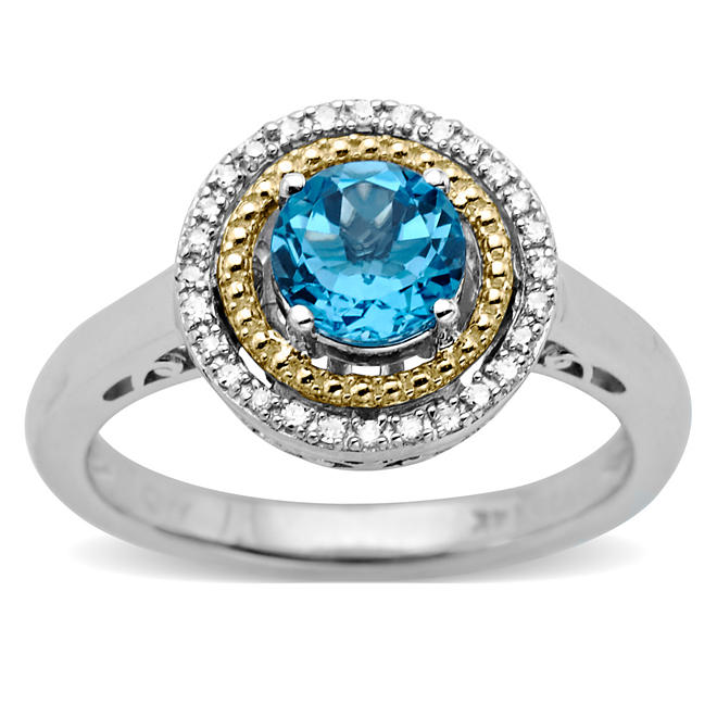 Blue Topaz and Diamond Accent Birthstone Ring in Sterling Silver and 14k Yellow Gold