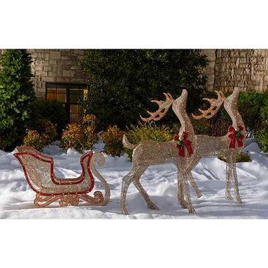 Glittering Champagne Reindeer Pair with Sleigh