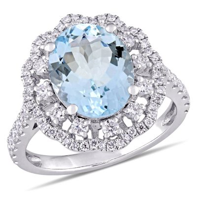 Aquamarine and Halo Diamond Accent Ring in 14K Gold - Sam's Club