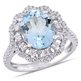 Aquamarine and Halo Diamond Accent Ring in 14K Gold