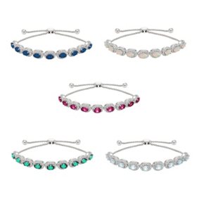 Oval Cut Lab Created Gemstone Halo Bolo Bracelet in Sterling Silver