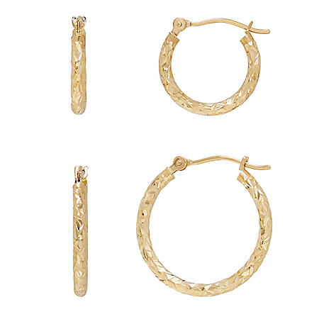 14K White Gold Hollow Wide Full Diamond-Cut Hoop Earrings 20mm x 20mm