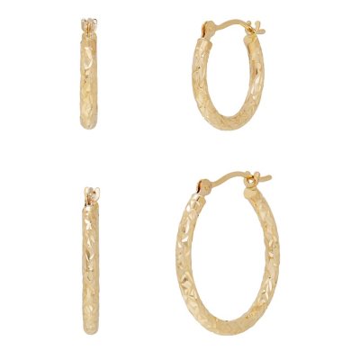 14k Yellow & White Gold Diamond Cut 1 Double Oval Hoop Earrings