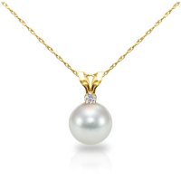 8-8.5MM Akoya Pearl with .05 ct Diamond Pendant and 18" Rope Chain Necklace in 14K Yellow Gold