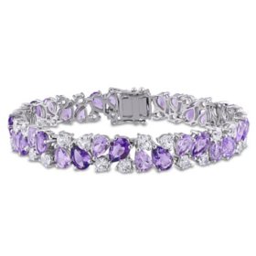 Amethyst, Rose de France and Created White Sapphire Multi-Color Gemstone Bracelet in Sterling Silver