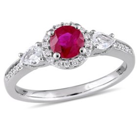 Ruby and White Sapphire with Diamond Accent Three Stone Halo Engagement Ring in 14K White Gold