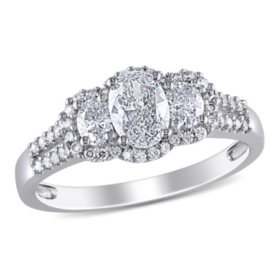Allura 0.95 CT. T.W. Oval and Round-Cut Diamond Three Stone Halo Engagement Ring in 14k White Gold
