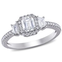 Allura 0.95 CT. T.W. Emerald-Cut Diamond Three Stone Halo Engagement Ring in 14k White Gold