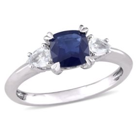 Cushion Cut Blue and White Sapphire Three Stone Engagement Ring in 14K White Gold