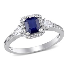 Blue and White Sapphire with Diamond Accent Three Stone Halo Engagement Ring in 14K White Gold