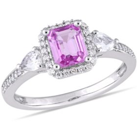Pink and White Sapphire with Diamond Accent 3-Stone Ring in 14K White Gold