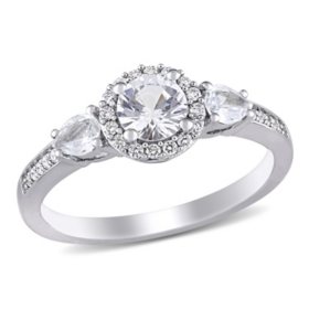 White Sapphire and Diamond Accent Three Stone Halo Engagement Ring in 14K White Gold