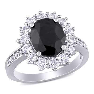 Amour Ovale-Cut Black Sapphire et créé White Sapphire Halo Ring
