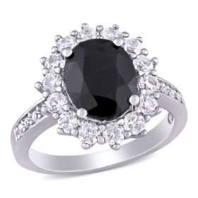 Oval Cut Black Sapphire Halo Ring in Sterling Silver