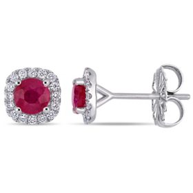 Ruby and 0.22 CT. T.W. Diamond Halo Stud Earrings in 14K White Gold