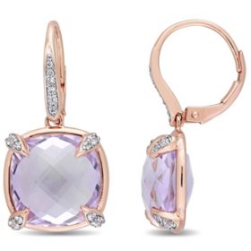 Rose de France and White Sapphire with Diamond Accent Dangle Earrings in 14K Rose Gold