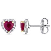 Ruby and 0.28 CT. Diamond Halo Heart Stud Earrings in 14K White Gold