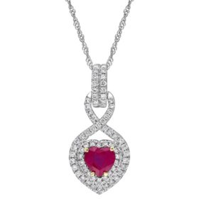 Ruby and 0.28 CT. Diamond Double Halo Infinity Heart Pendant in 14K White Gold