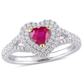 Ruby and 0.36 CT. Diamond Double Halo Heart Ring in 14K White Gold
