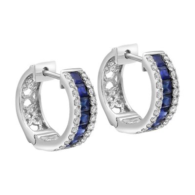 S Collection Blue Sapphire and Diamond Huggie Hoop Earrings in 14K ...