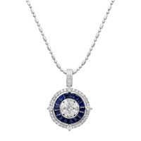 S Collection Blue Sapphire and Diamond Art Deco Pendant in 14K White Gold
