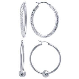 Sterling Silver Diamond Cut Hoop Earring Set