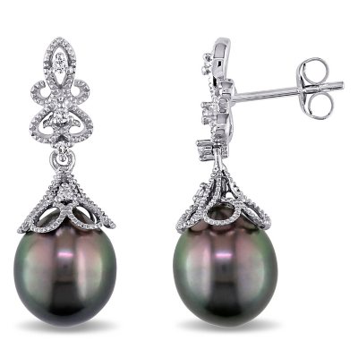 9-9.5 mm Black Drop Tahitian Pearl and Diamond-Accent Dangle Earrings ...