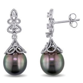 9-9.5 mm Black Drop Tahitian Pearl and Diamond-Accent Dangle Earrings in 14K White Gold