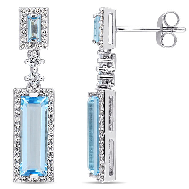 Blue Topaz and 0.28 CT.T.W. Diamond Drop Halo Earrings in 14K White Gold