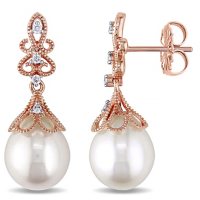 White Rice Freshwater Cultured Pearl with Diamond Accent Dangle Earrings in 14K Rose Gold