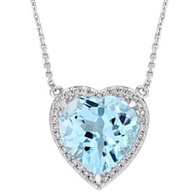 Blue Topaz and 0.17 CT. Diamond Halo Heart Necklace in 14K White Gold