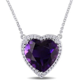Amethyst and 0.17 CT. Diamond Halo Heart Necklace in 14K White Gold