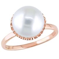 9-9.5 MM White Round Cultured Freshwater Pearl and 0.22 CT. Diamond Halo Vintage Ring in 14K Rose Gold