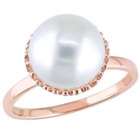 9-9.5mm White Round Cultured Freshwater Pearl and 0.22 CT. T.W. Diamond Halo Vintage Ring in 14K Rose Gold