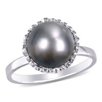 9-9.5 MM Black Round Tahitian Pearl and 0.22 CT. Diamond Halo Vintage Ring in 14K White Gold
