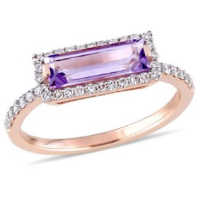 Baguette-Cut Amethyst and 0.22 CT. Diamond Halo Ring in 14K Rose Gold