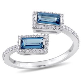 Baguette-Cut London-Blue Topaz and 0.22 CT. Diamond Halo Bypass Ring in 14K White Gold