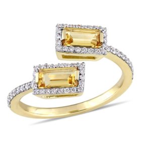 Baguette-Cut Citrine and 0.22 CT. Diamond Halo Bypass Ring in 14K Yellow Gold
