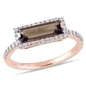 Baguette-Cut Smokey Quartz and 0.22 CT. T.W. Diamond Halo Ring in 14K Rose Gold