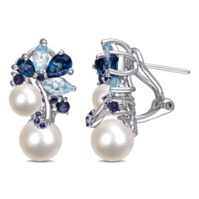 6-8.5 mm Round Freshwater Cultured Pearl with Blue Topaz and Sapphire Earrings in Sterling Silver