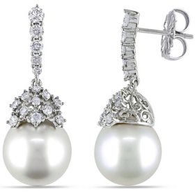 Allura 10.5-11 mm White South Sea Pearl and 0.95 CT. T.W. Diamond Drop Earrings in 14K White Gold