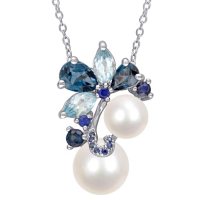 7-9 mm White Round Freshwater Cultured Pearl with Blue Topaz and Sapphire Floral Pendant in Sterling Silver