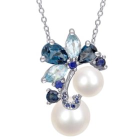 7-9 mm Round Freshwater Cultured Pearl with Blue Topaz and Sapphire Pendant in Sterling Silver